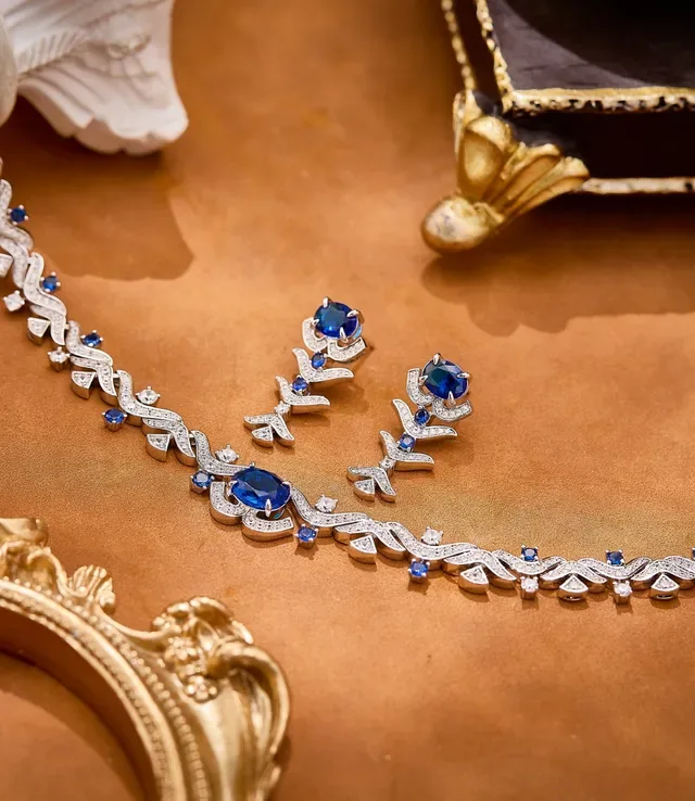 Ornate Blue Gemstone and Pavé Drop Earrings 4