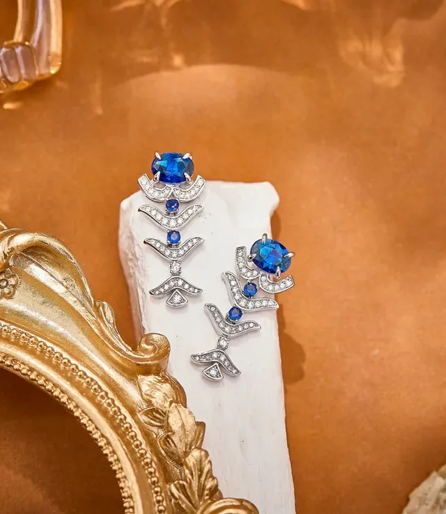 Ornate Blue Gemstone and Pavé Drop Earrings 6