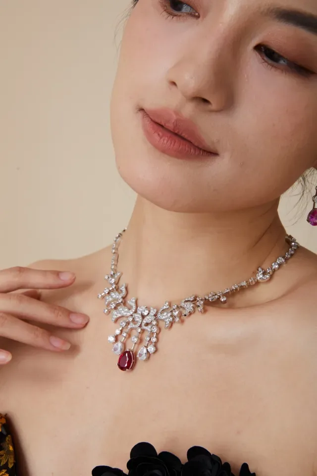 Ornate Diamond-Encrusted Red Gem Pendant Necklace 8