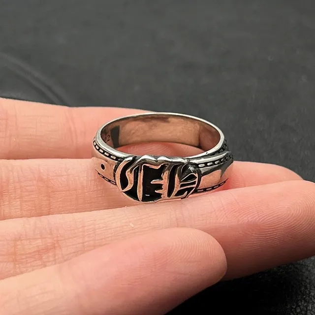 Oxidized Silver Ornate Emblem Ring 7