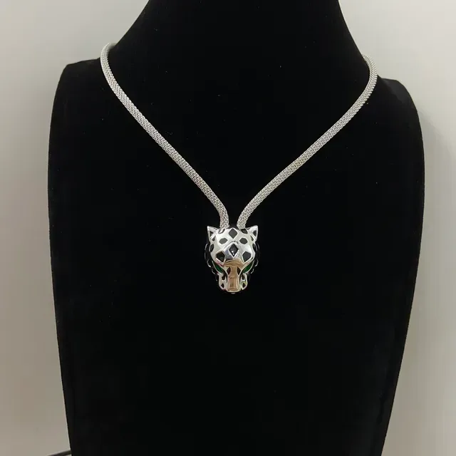 Panther-Head Enamel-Spotted Gemstone-Eyed Pendant Necklaces 4
