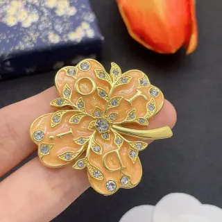 Peach Orange Enamel Floral Rhinestone Brooch