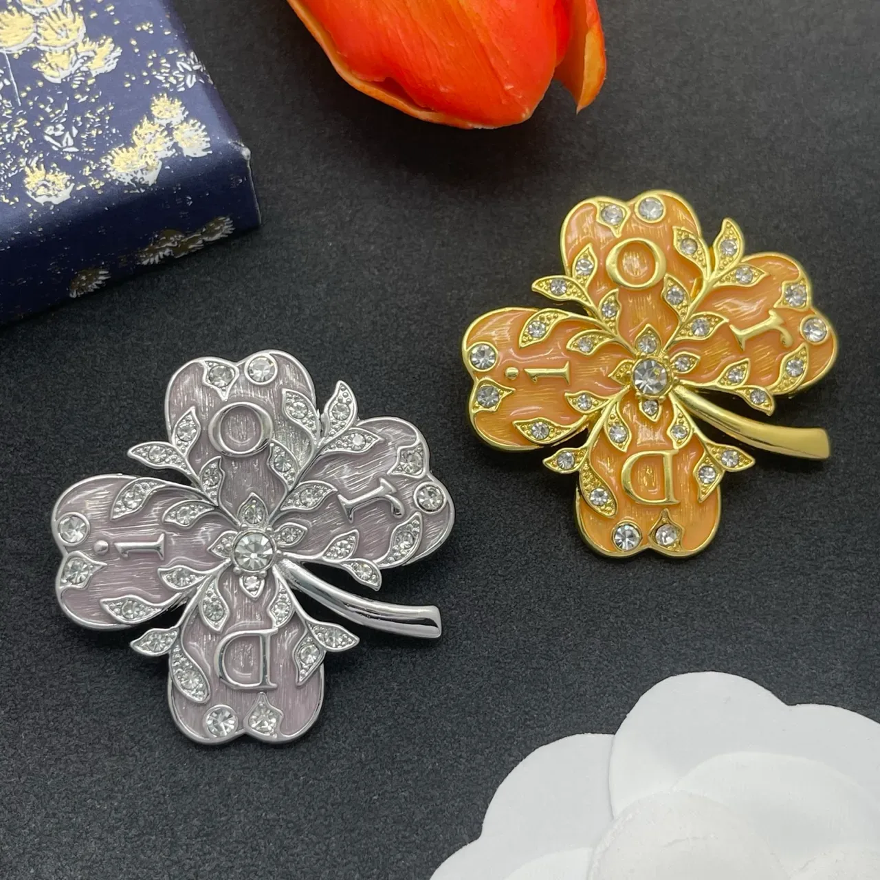 Peach Orange Enamel Floral Rhinestone Brooch 2