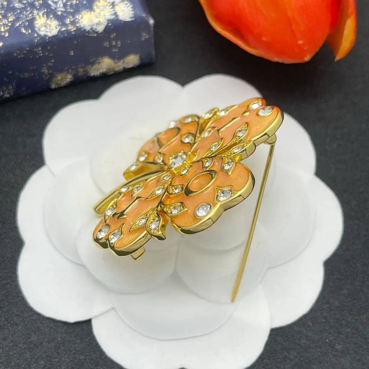 Peach Orange Enamel Floral Rhinestone Brooch 5