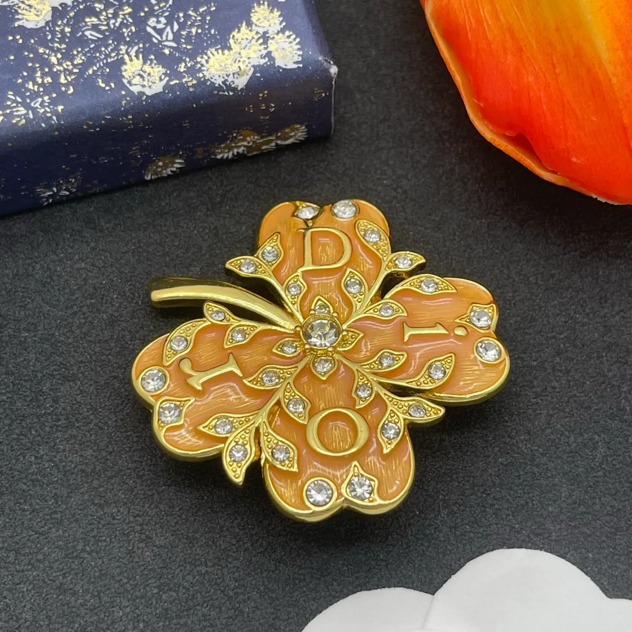 Peach Orange Enamel Floral Rhinestone Brooch 6