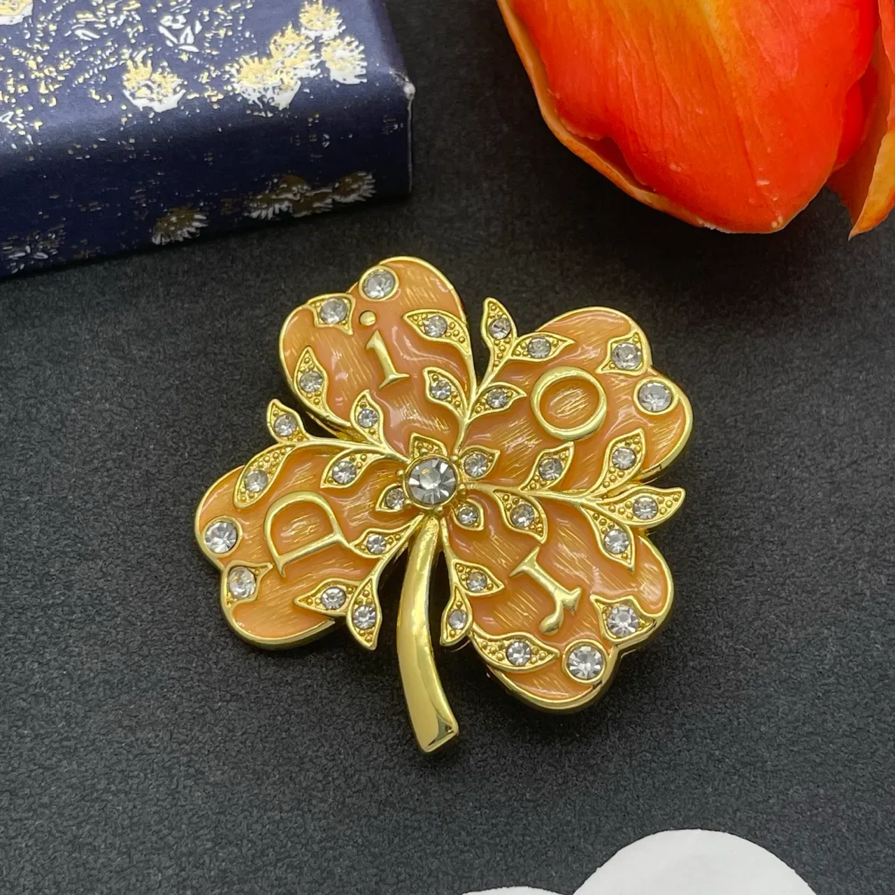 Peach Orange Enamel Floral Rhinestone Brooch 7