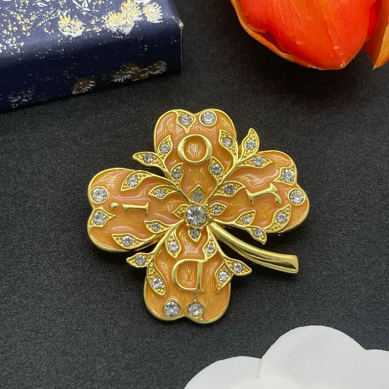 Peach Orange Enamel Floral Rhinestone Brooch 8