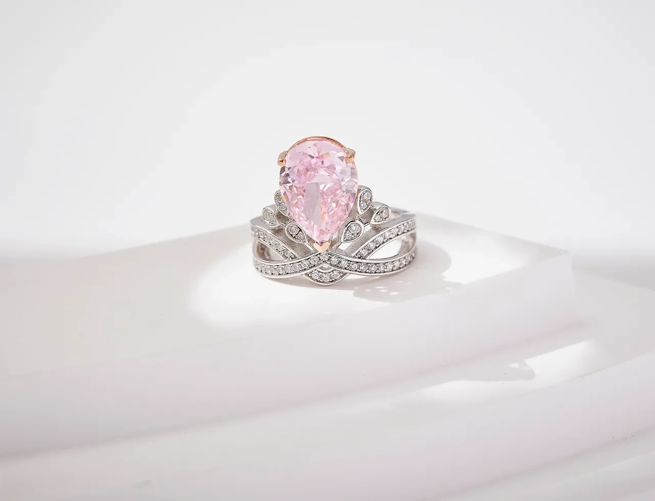 Pear-Cut Pink Gemstone Pavé Diamond Tiara-Style Ring 4