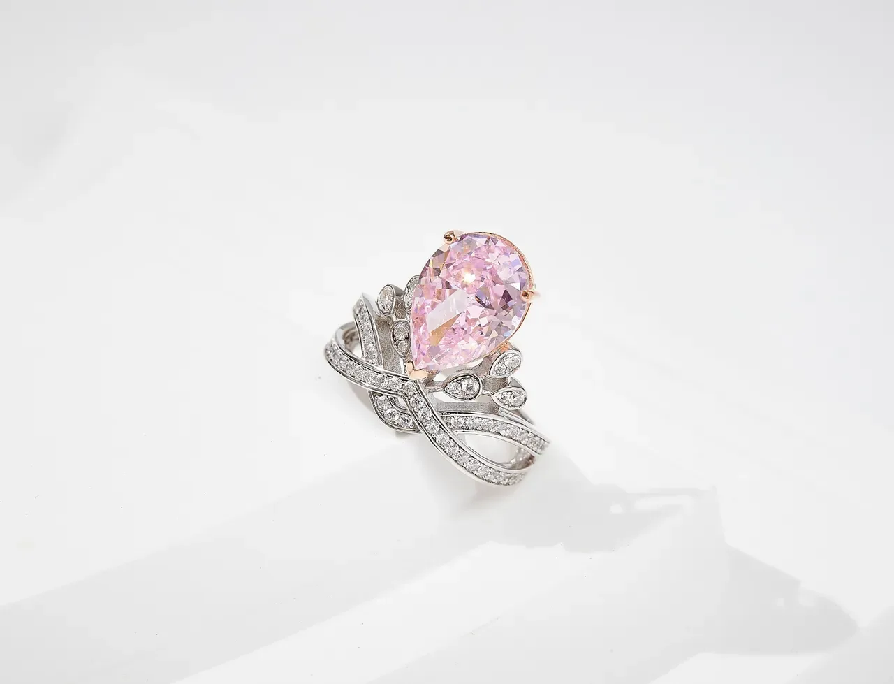 Pear-Cut Pink Gemstone Pavé Diamond Tiara-Style Ring 7