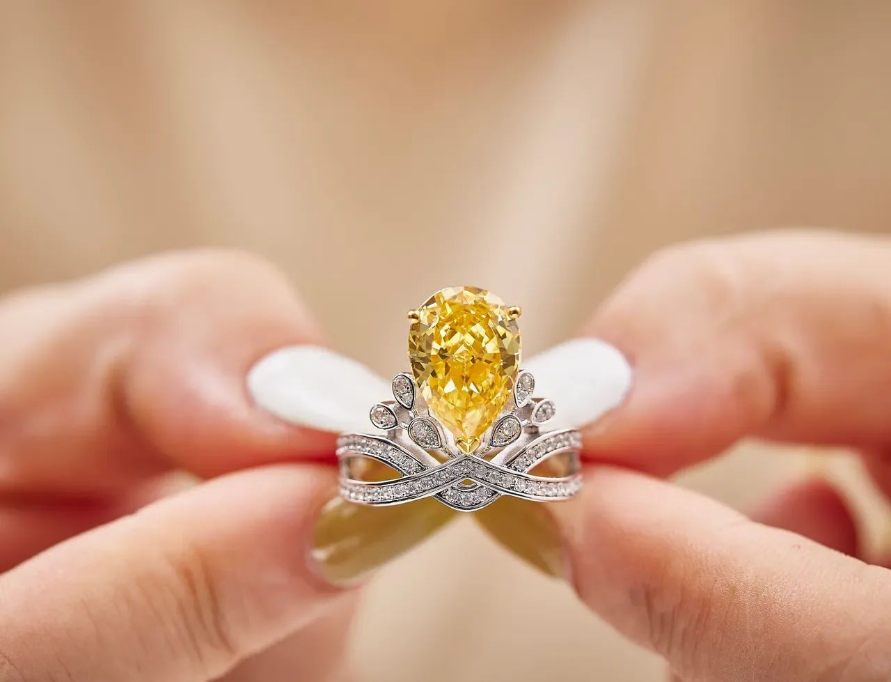 Pear-Cut Pink Gemstone Pavé Diamond Tiara-Style Ring 8