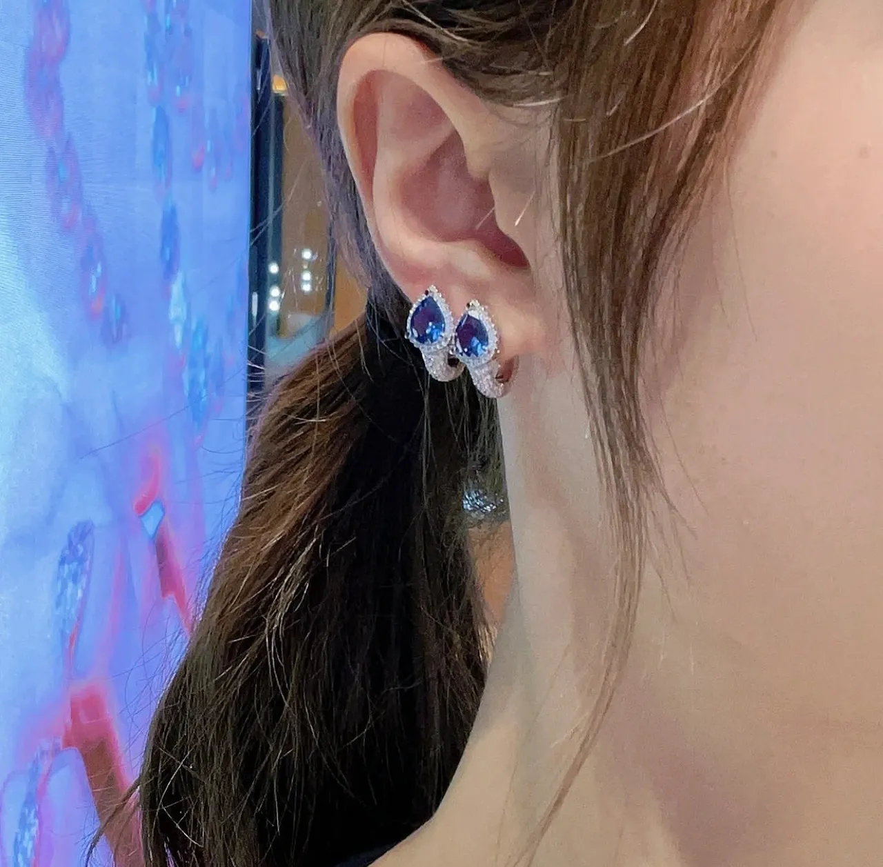 Pear-Shaped Blue Gemstone Pavé Halo Drop Earrings 2