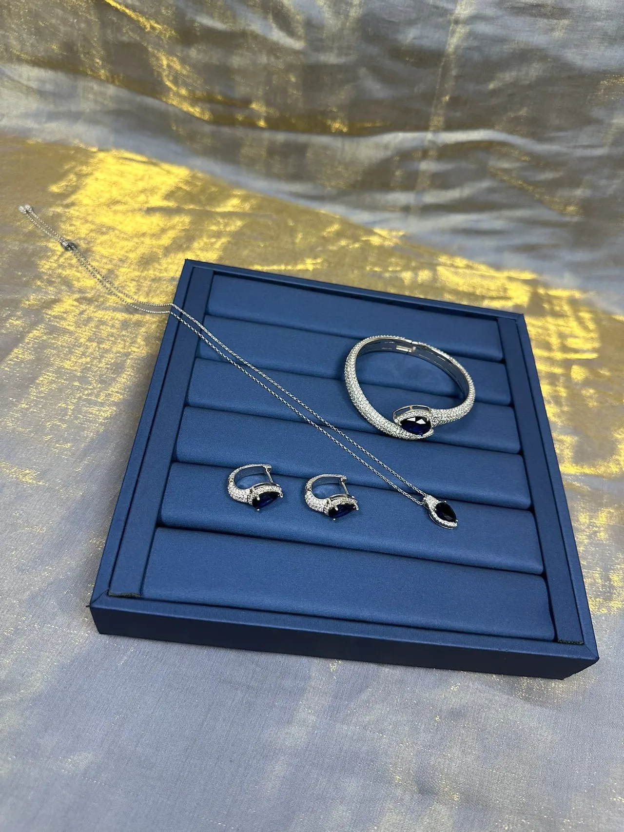 Pear-Shaped Blue Gemstone Pavé Halo Drop Earrings 8