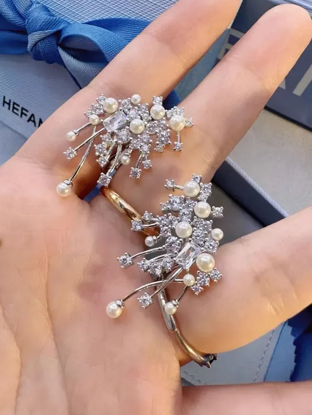 Pearl and Crystal Floral Branch Dangling Earrings 6