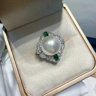 Pearl and Emerald Diamond Halo Ring