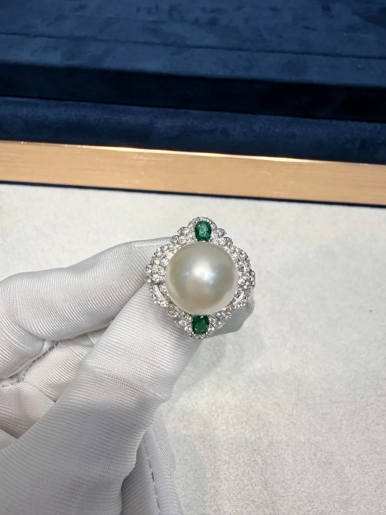Pearl and Emerald Diamond Halo Ring 3