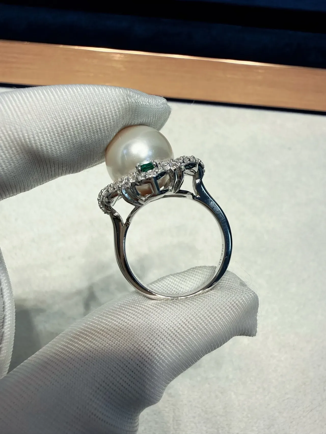 Pearl and Emerald Diamond Halo Ring 4