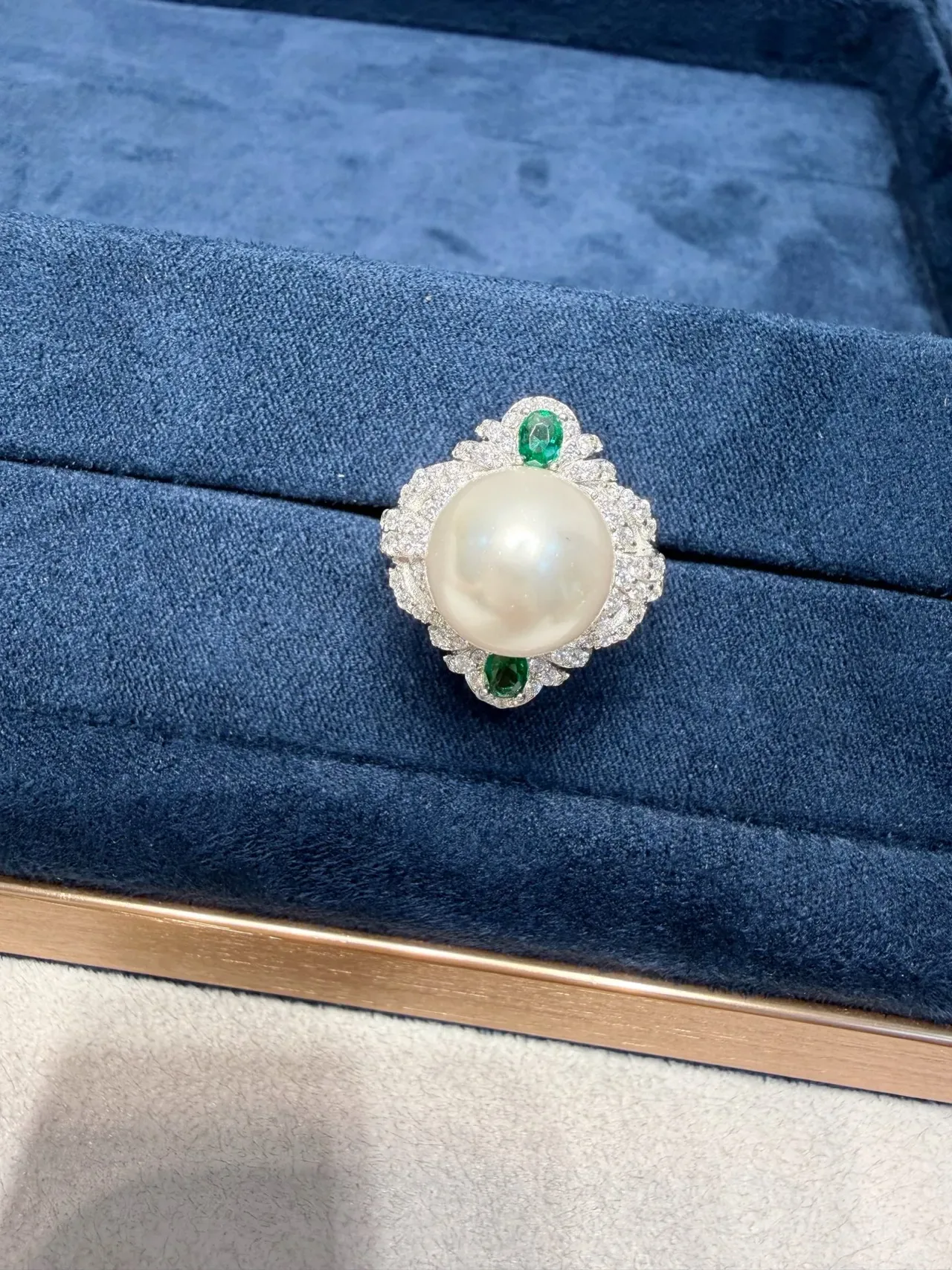 Pearl and Emerald Diamond Halo Ring 5