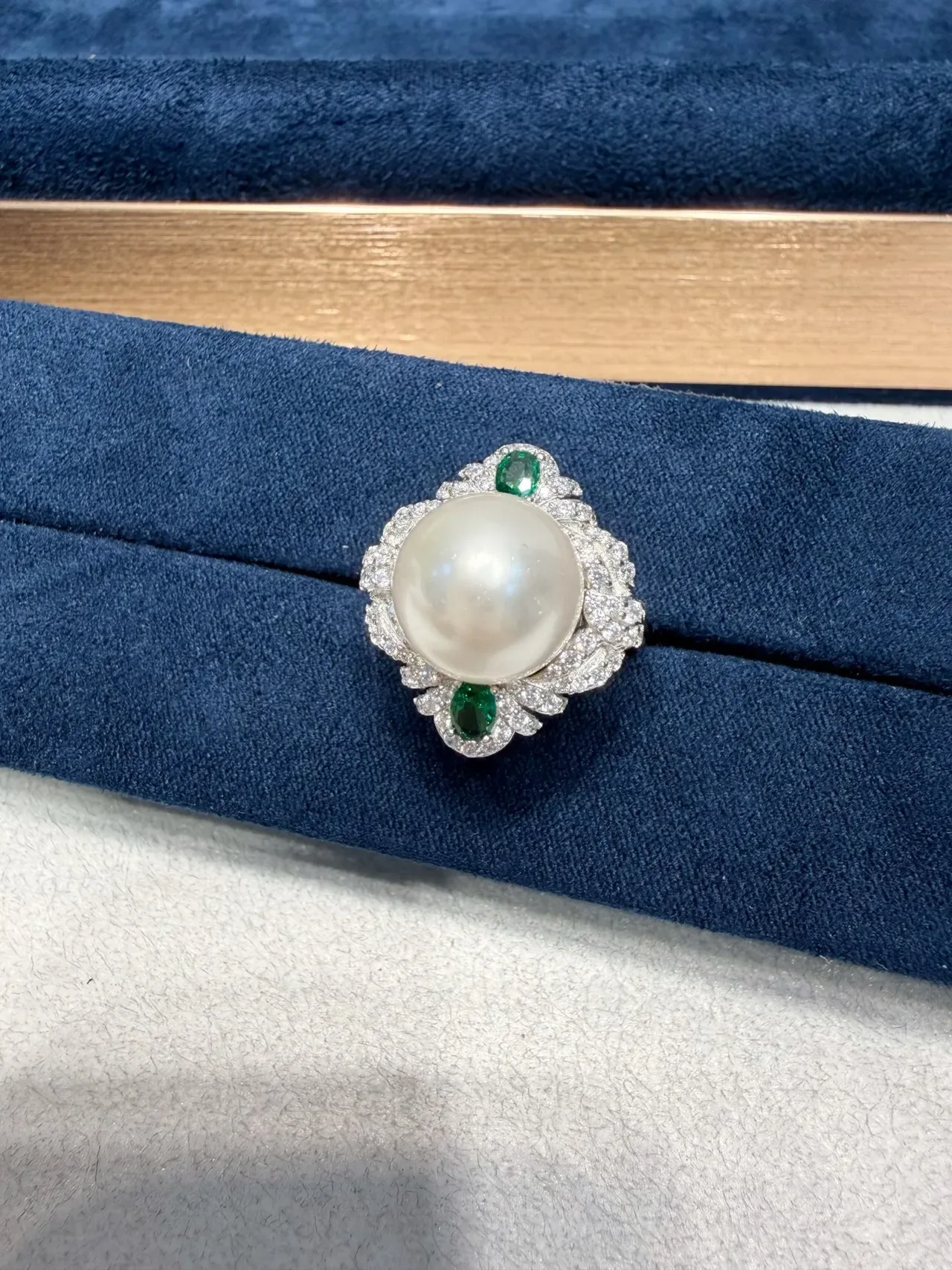 Pearl and Emerald Diamond Halo Ring 6