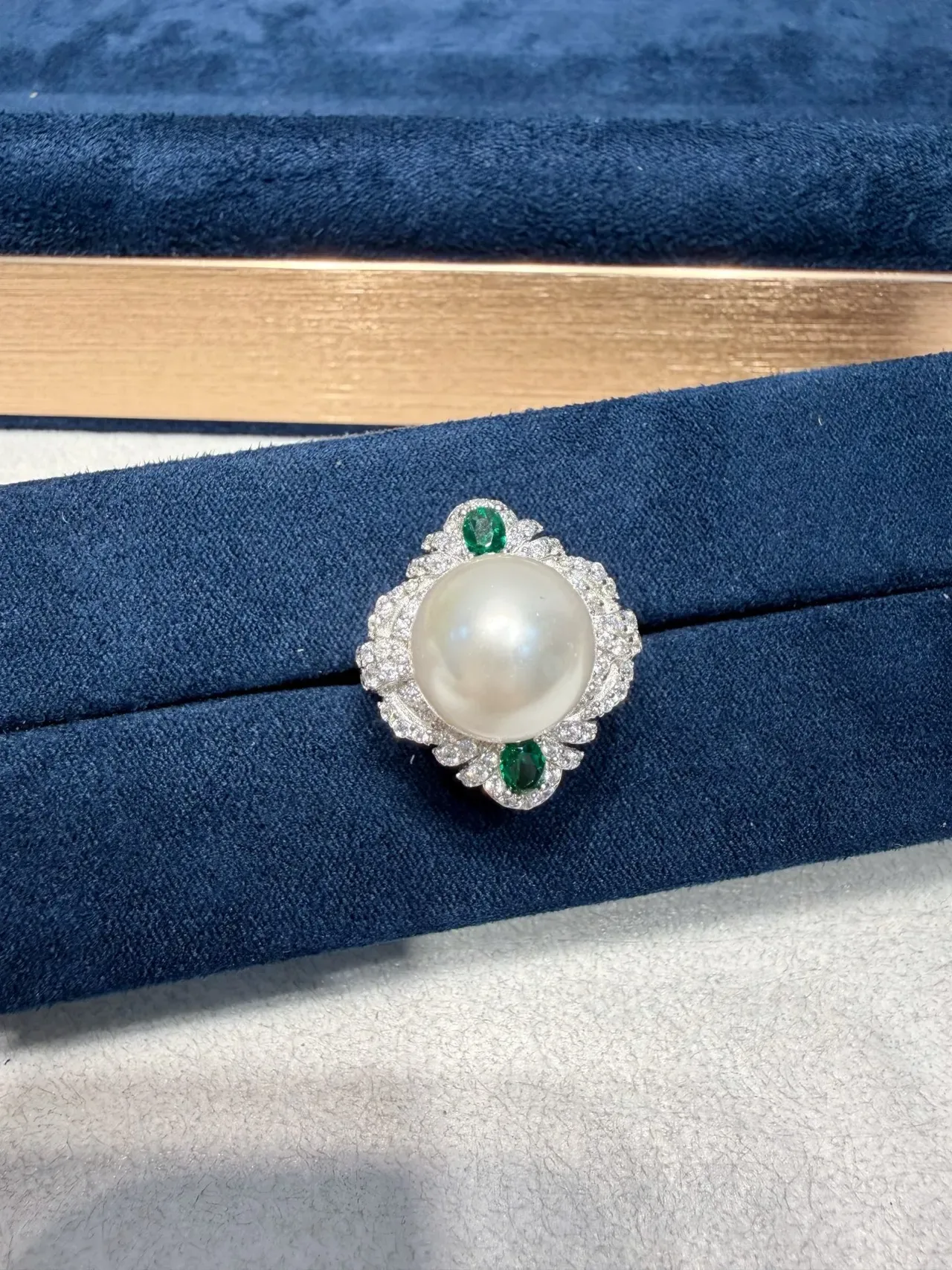 Pearl and Emerald Diamond Halo Ring 7
