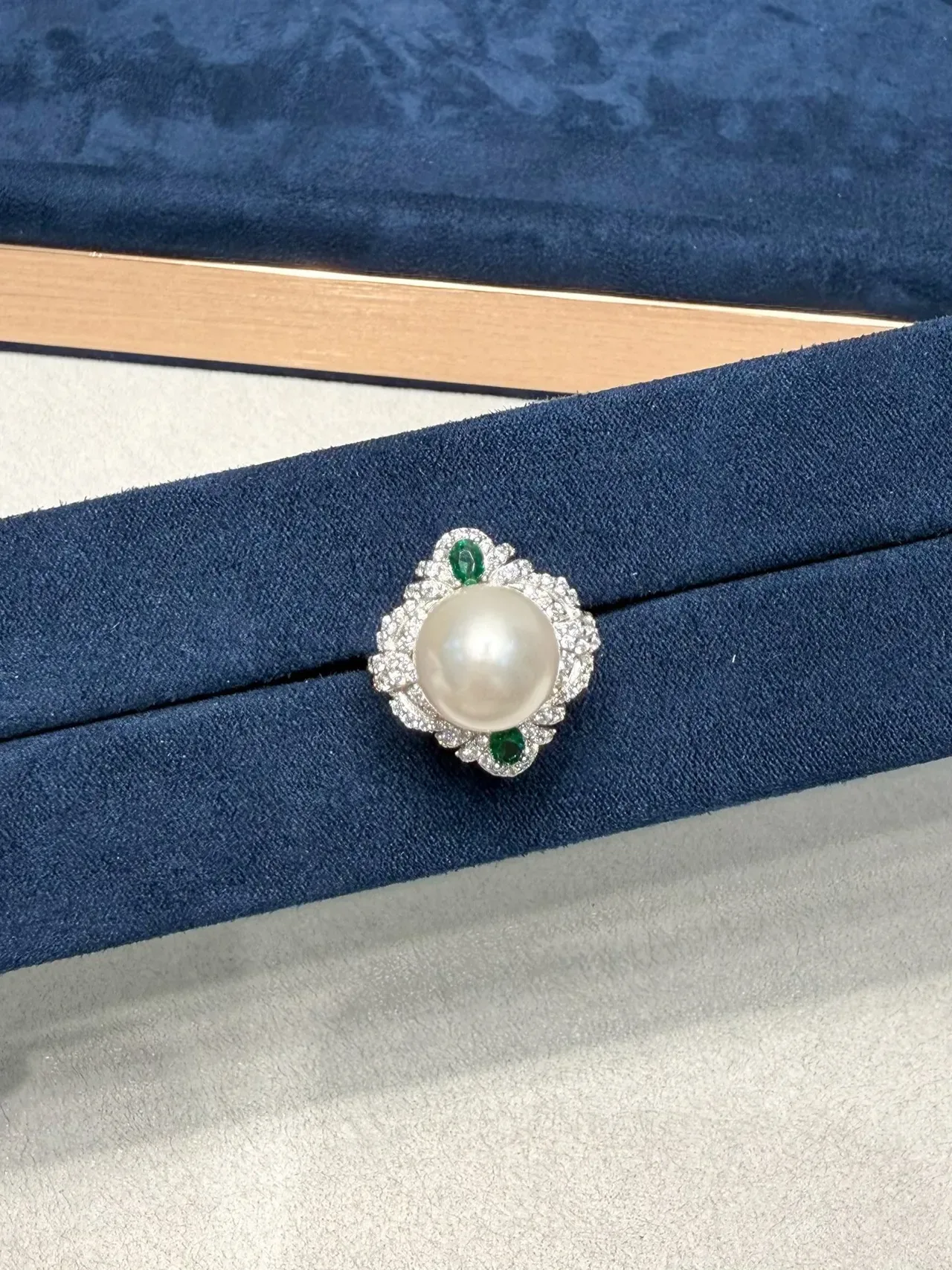 Pearl and Emerald Diamond Halo Ring 8