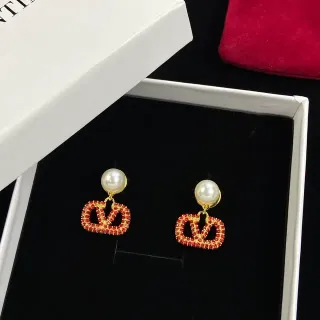 Pearl-Top Red Crystal V Motif Dangling Earrings