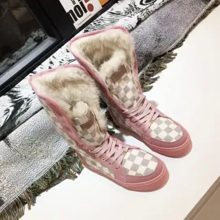 粉色米色棋盘格帆布鞋面橡胶底雪靴
