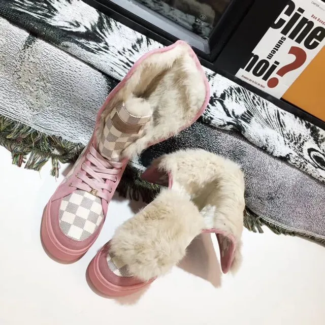 Pink Beige Checkerboard Canvas Upper Rubber Sole Snow Boots 2