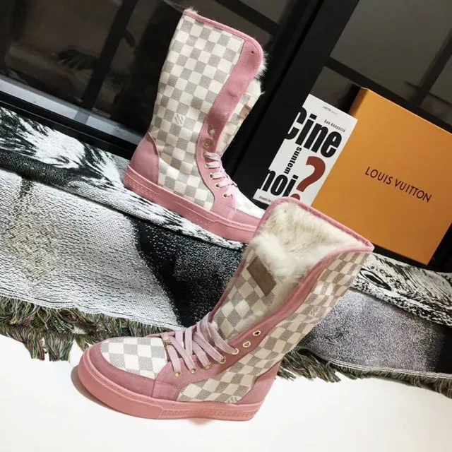 Pink Beige Checkerboard Canvas Upper Rubber Sole Snow Boots 3