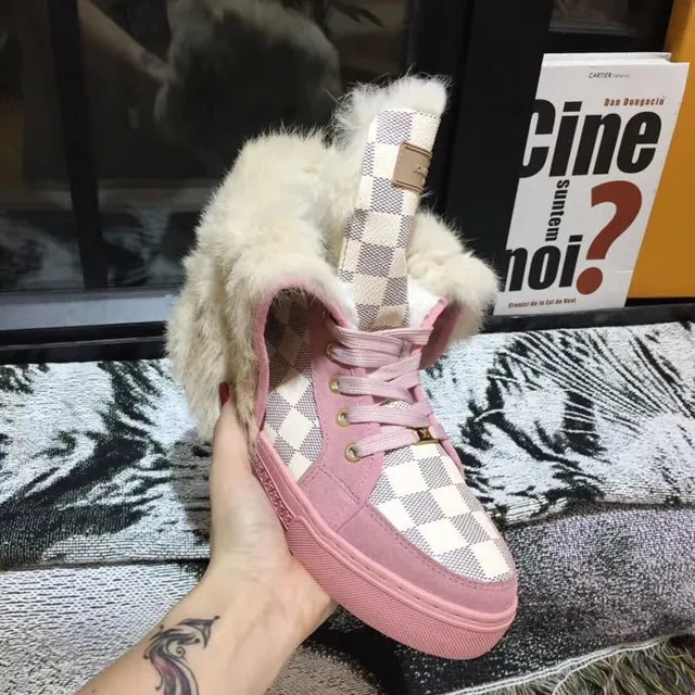Pink Beige Checkerboard Canvas Upper Rubber Sole Snow Boots 4