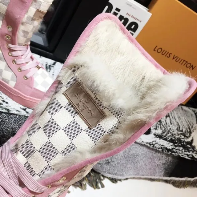 Pink Beige Checkerboard Canvas Upper Rubber Sole Snow Boots 5