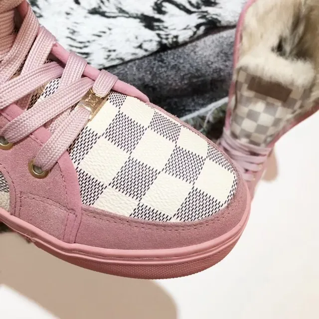 Pink Beige Checkerboard Canvas Upper Rubber Sole Snow Boots 6
