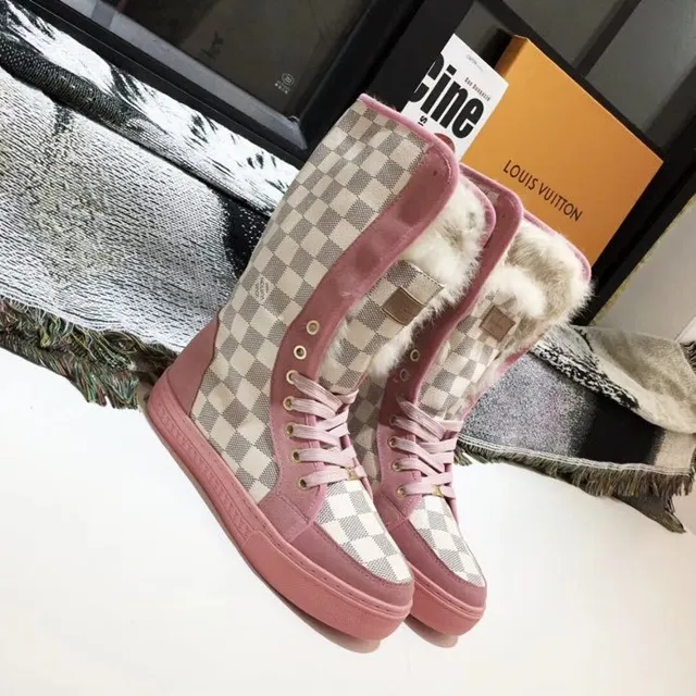 Pink Beige Checkerboard Canvas Upper Rubber Sole Snow Boots 7