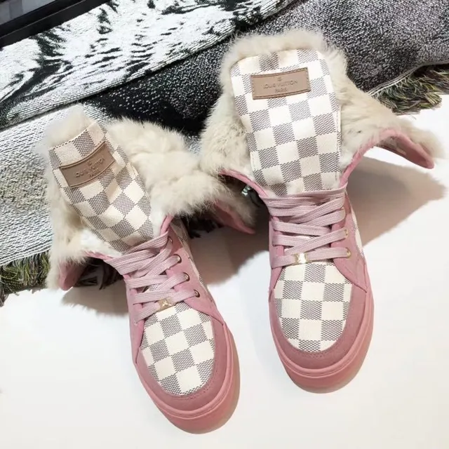 Pink Beige Checkerboard Canvas Upper Rubber Sole Snow Boots 8