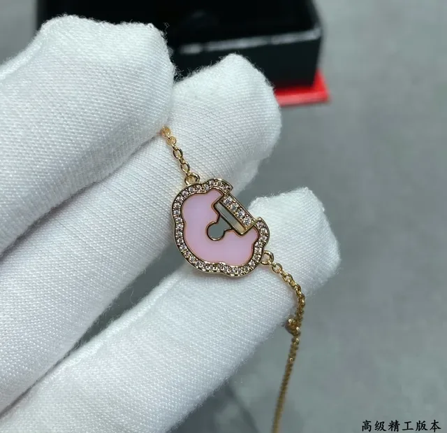 Pink Enamel Lock and Key Pendant Gold-Tone Chain Bracelet 2