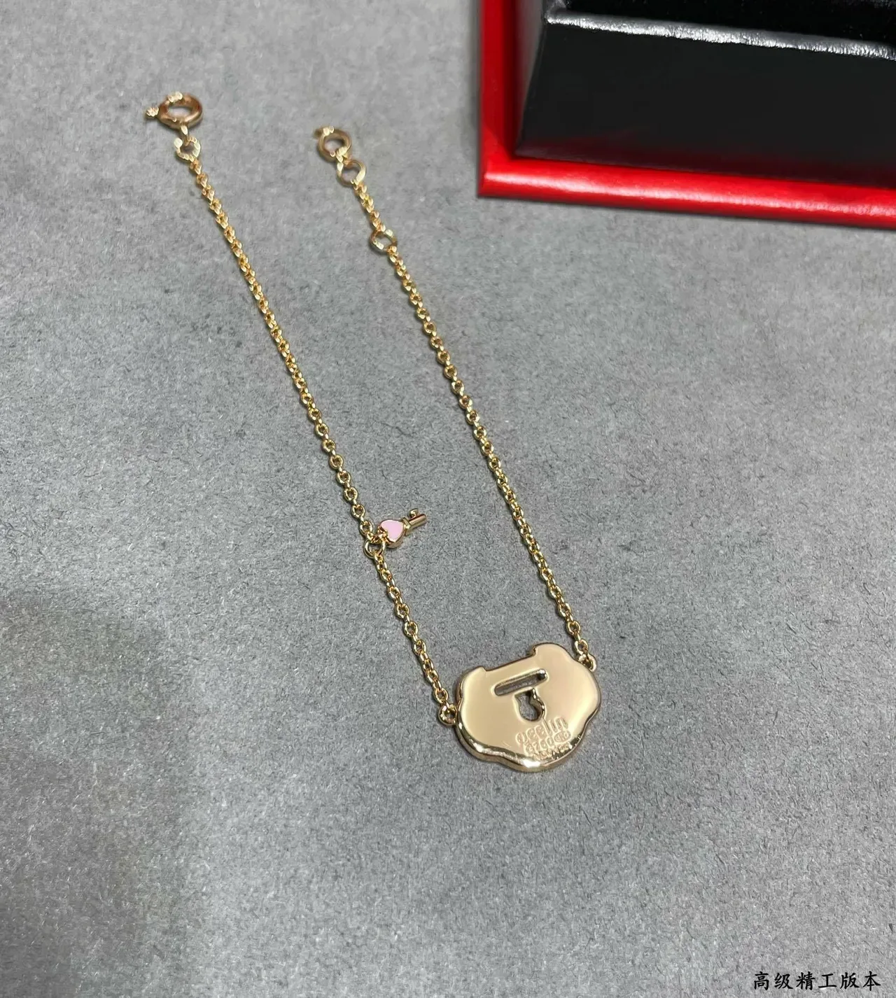 Pink Enamel Lock and Key Pendant Gold-Tone Chain Bracelet 6