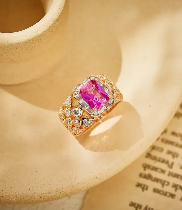 Pink Gemstone Octagonal Cut Pavé-Set Wide Band Ring 1
