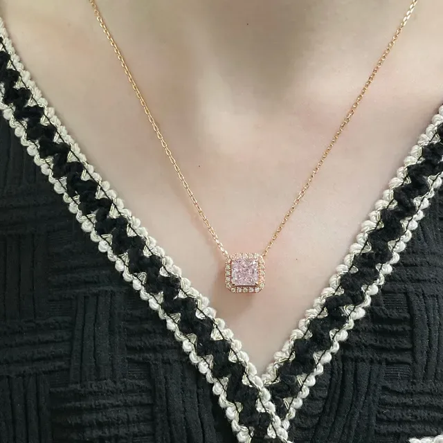 Pink Gold Square-Cut Stone Halo-Set Pavé Crystals Necklace 9
