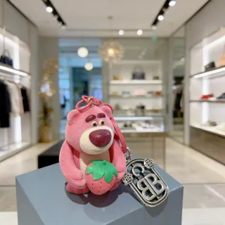 Pink Green Plush Bear Figure Holding Strawberry Phone Accessory