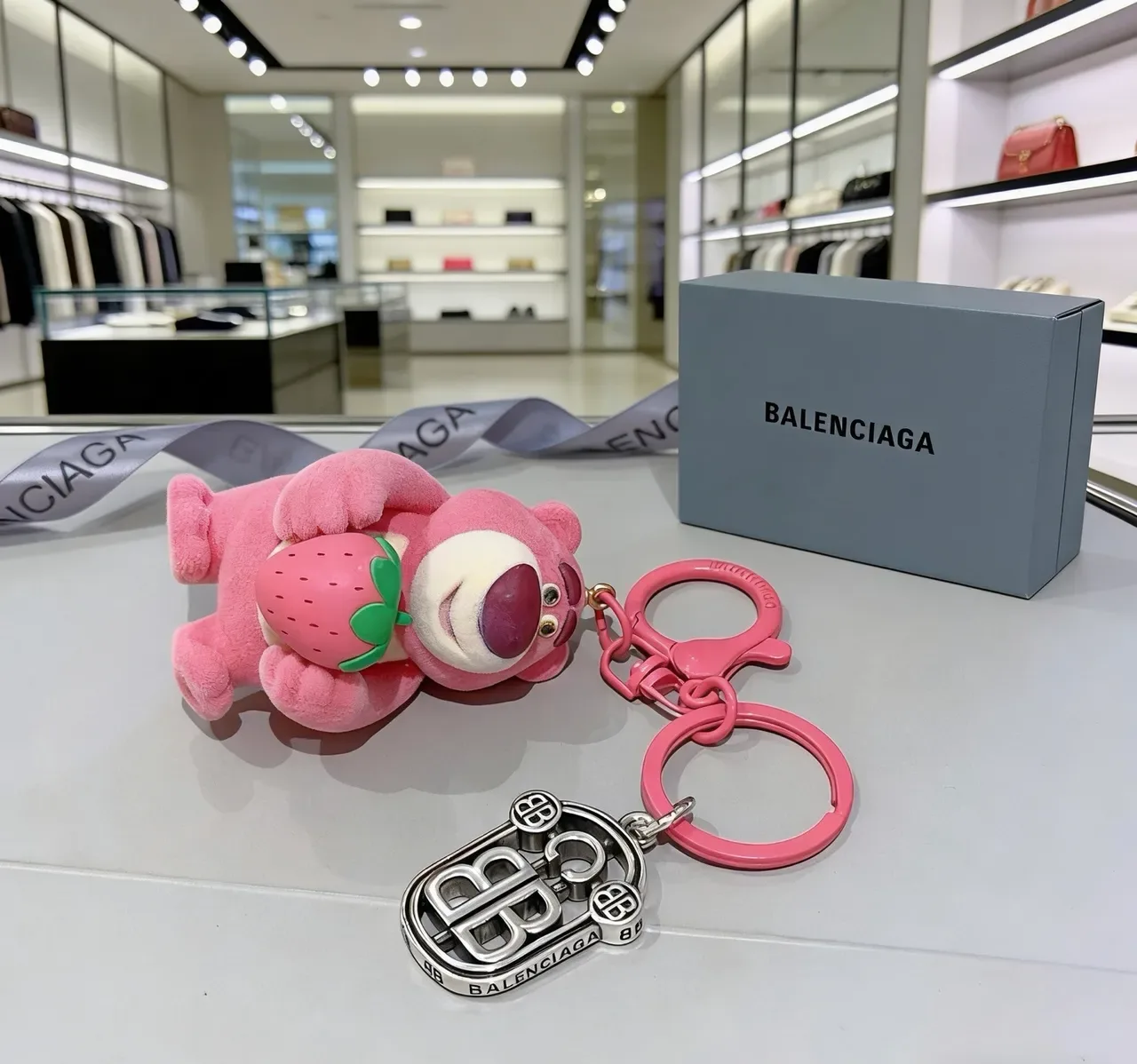 Pink Green Plush Bear Figure Holding Strawberry Phone Accessory 3