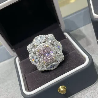 Pink Silver Multi-Stone Cluster Cushion-Cut Center Ring