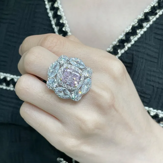 Pink Silver Multi-Stone Cluster Cushion-Cut Center Ring 8