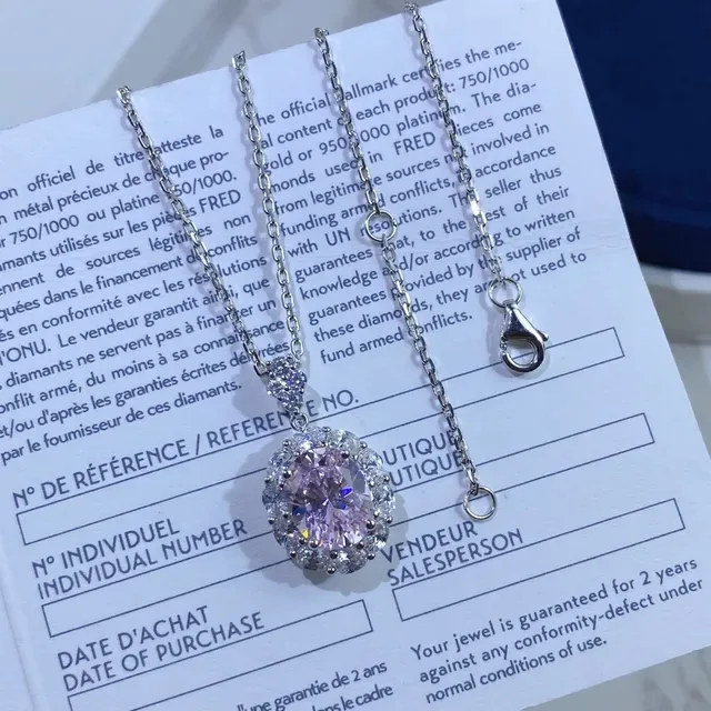 Pink Silver Oval-Cut Central Gem Halo Setting Necklace 2