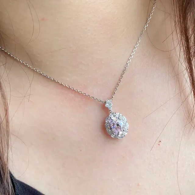 Pink Silver Oval-Cut Central Gem Halo Setting Necklace 6