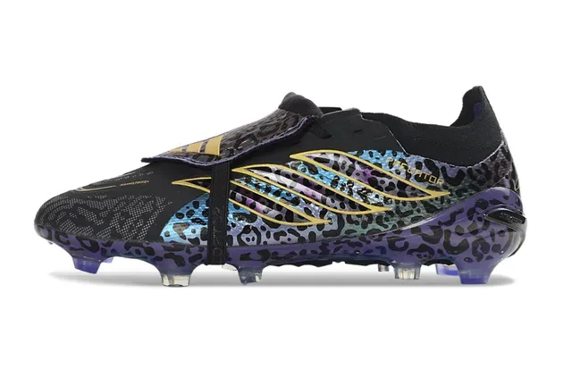 Chaussures de football synthétiques violet multicolore imprimé léopard finition irisée terrain ferme 7
