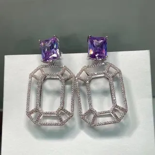 Purple Silver Geometric Openwork Frame Pavé-Set Clear Stones Earrings