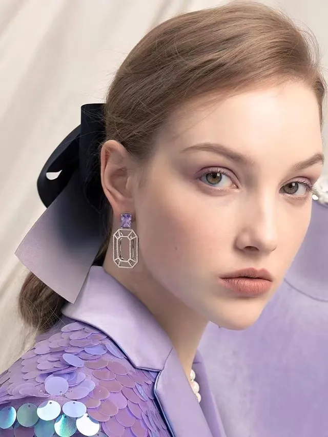 Purple Silver Geometric Openwork Frame Pavé-Set Clear Stones Earrings 2