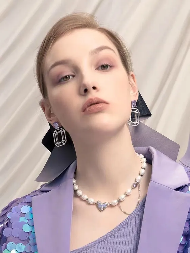 Purple Silver Geometric Openwork Frame Pavé-Set Clear Stones Earrings 3