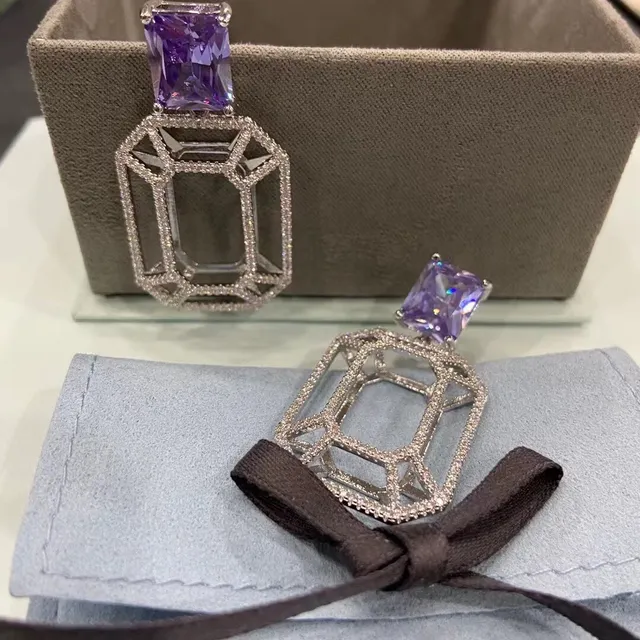 Purple Silver Geometric Openwork Frame Pavé-Set Clear Stones Earrings 5