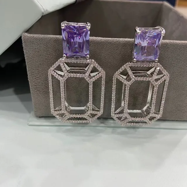 Purple Silver Geometric Openwork Frame Pavé-Set Clear Stones Earrings 6