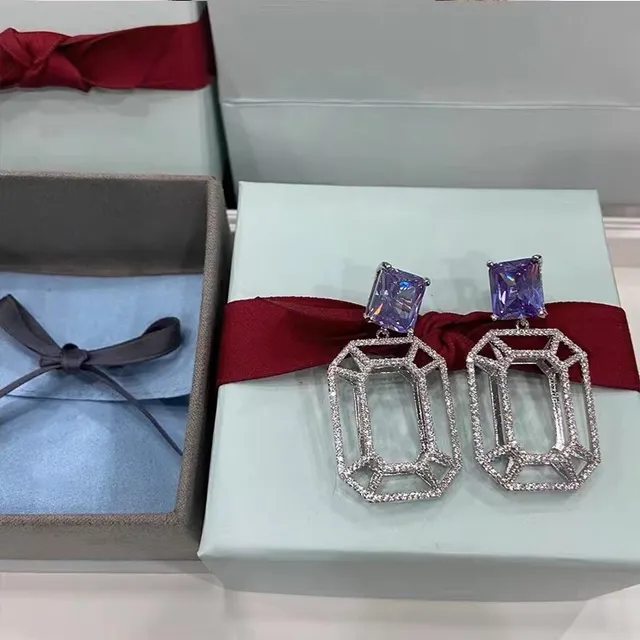 Purple Silver Geometric Openwork Frame Pavé-Set Clear Stones Earrings 7